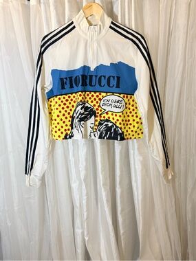 adidas White Bomber Jacket with Blue, Yellow & Black Pop-Art Panel